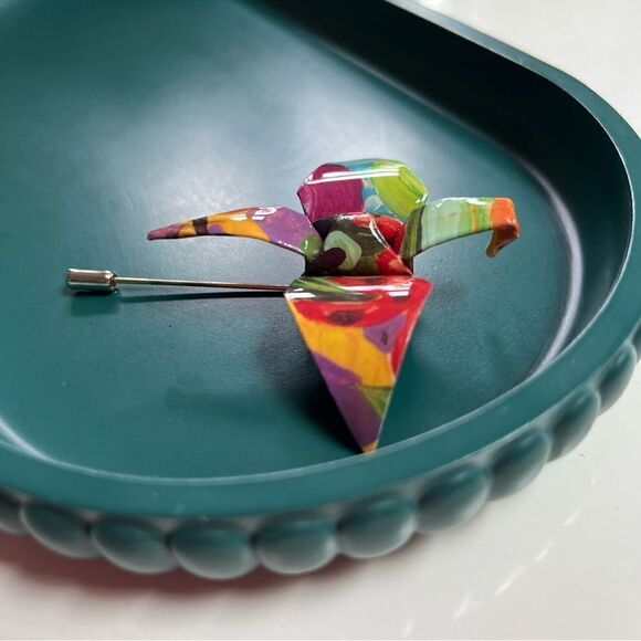 Funky Whimsical Handmade Glossy Rainbow Paper Crane Stick Pin Brooch - Picture 1 of 5